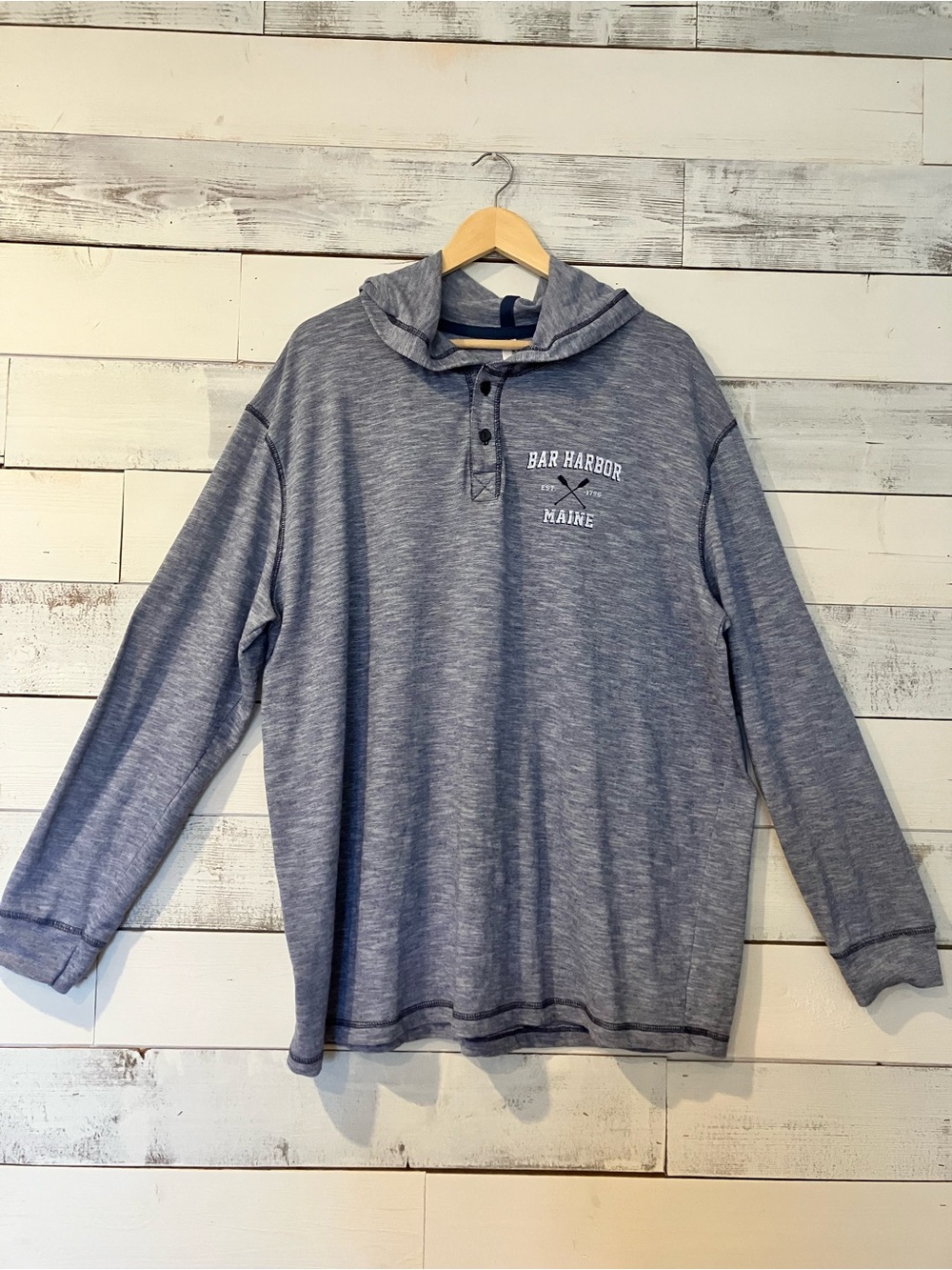 Bar Harbor Maine Heathered Blue Hooded Henley Lightweight Sweatshirt